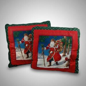 PAIR of Old World Santa Claus Throw Pillows Christmas Holiday Santa in Snow Vtg
